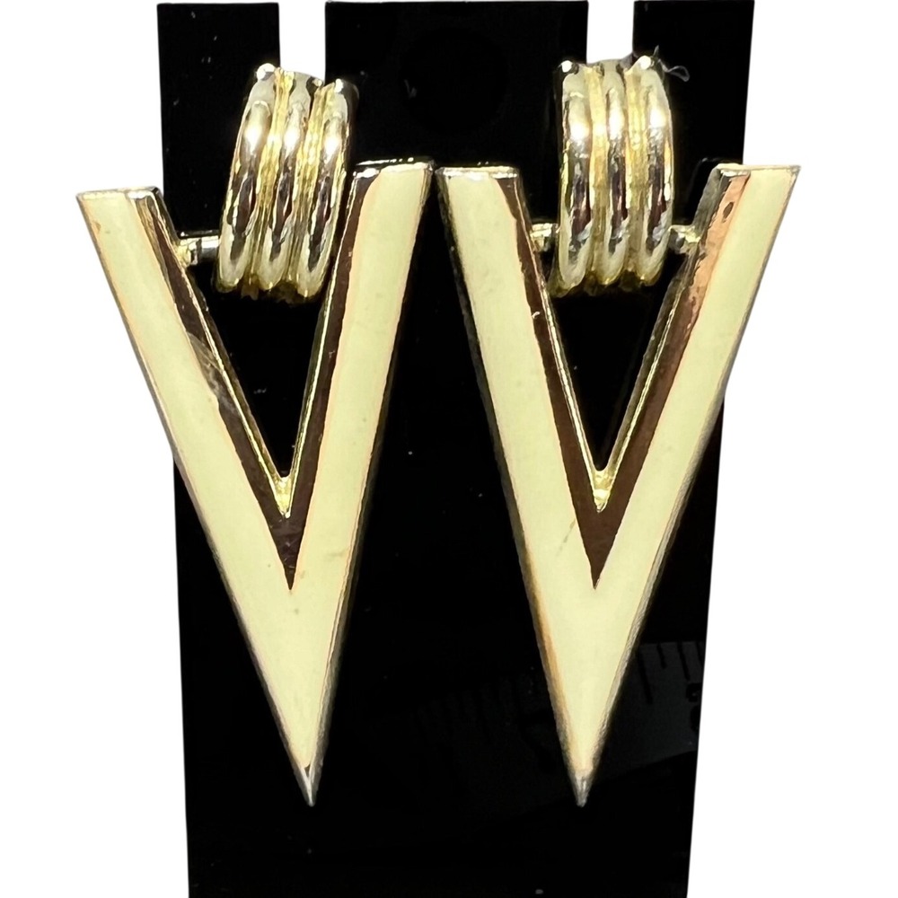 Vintage 80s Cream Enamel Gold Tone Geometric V Statement Post Earrings